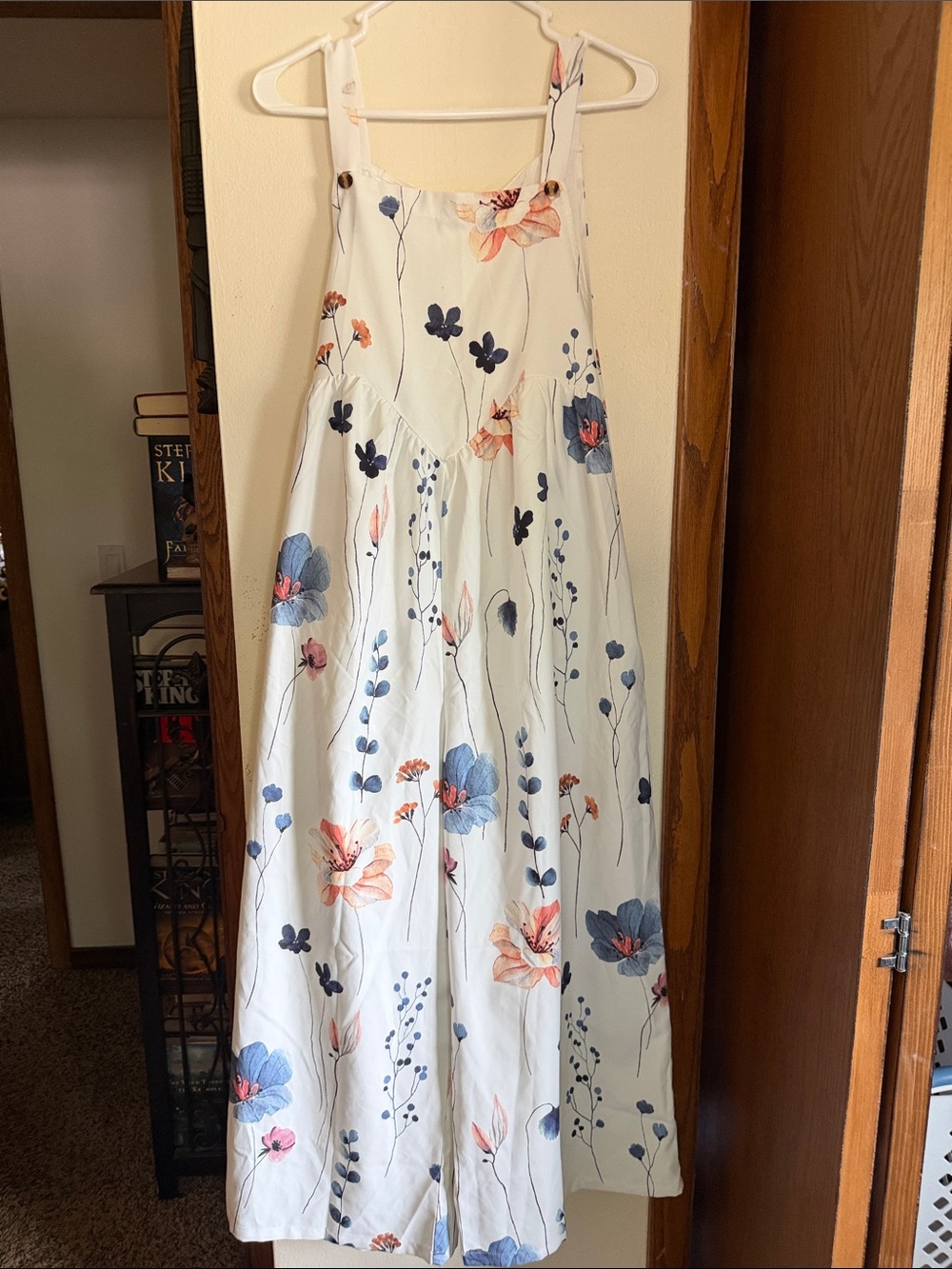 White Floral Wide-Leg Jumpsuit with Blue & Coral Blooms